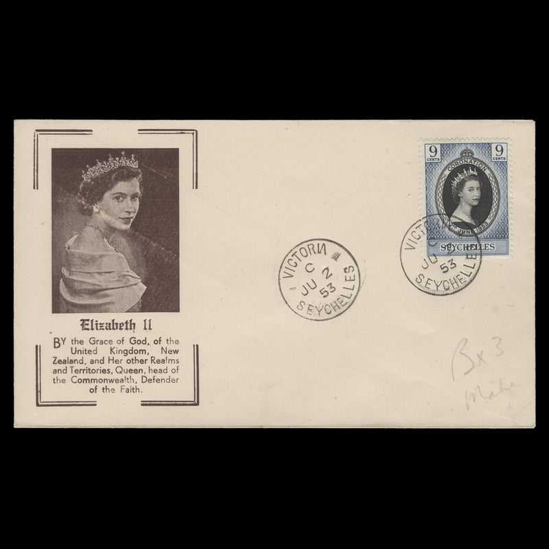 Seychelles 1953 (FDC) 9c Coronation, VICTORIA