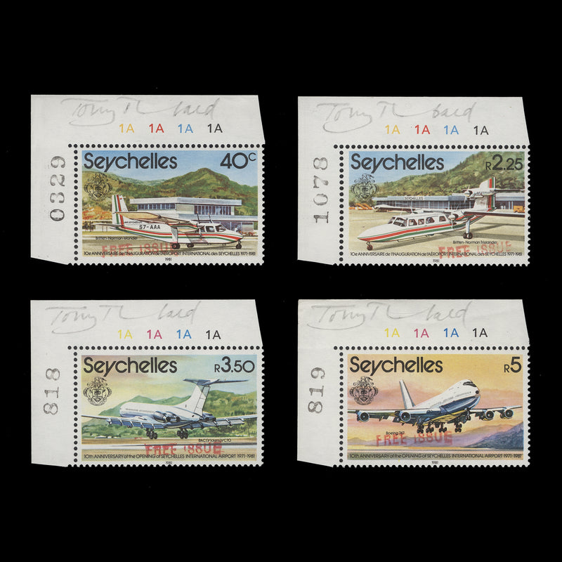 Seychelles 1981 (MNH) Opening of Airport Anniversary signed plate singles