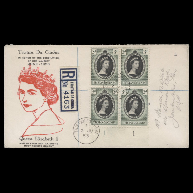 Tristan da Cunha 1953 (FDC) 3d Coronation plate 1–1 block