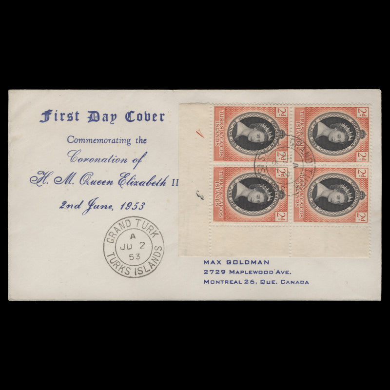 Turks & Caicos Islands 1953 (FDC) 2d Coronation plate block, GRAND TURK