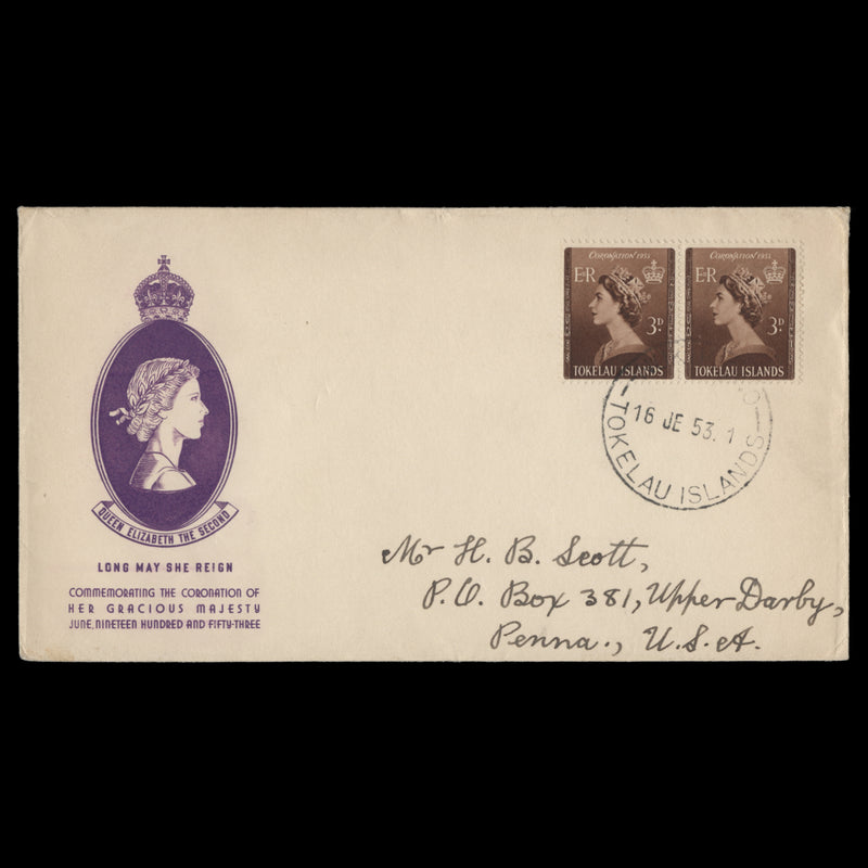 Tokelau 1953 (FDC) 3d Coronation, NUKUNONO