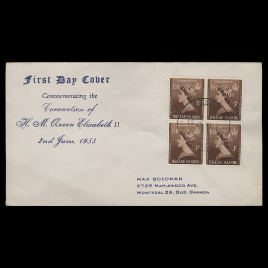 Tokelau 1953 (FDC) 3d Coronation block, ATAFU