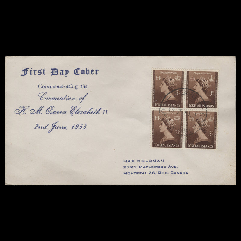 Tokelau 1953 (FDC) 3d Coronation block, ATAFU