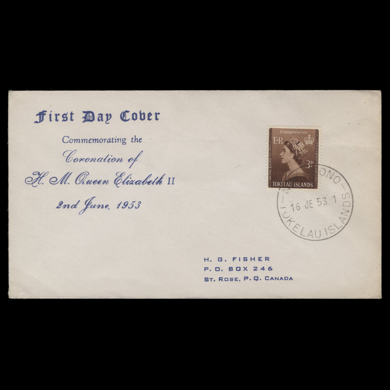 Tokelau 1953 (FDC) 3d Coronation, NUKUNONO