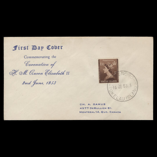 Tokelau 1953 (FDC) 3d Coronation, NUKUNONO