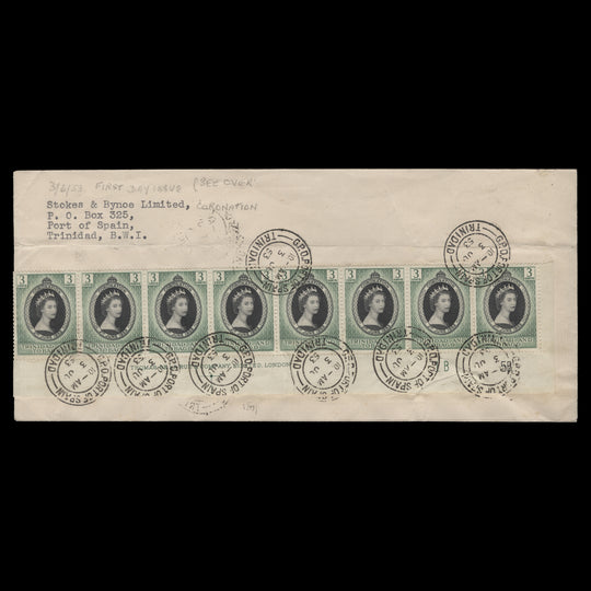 Trinidad & Tobago 1953 (FDC) 3c Coronation plate block, PORT OF SPAIN
