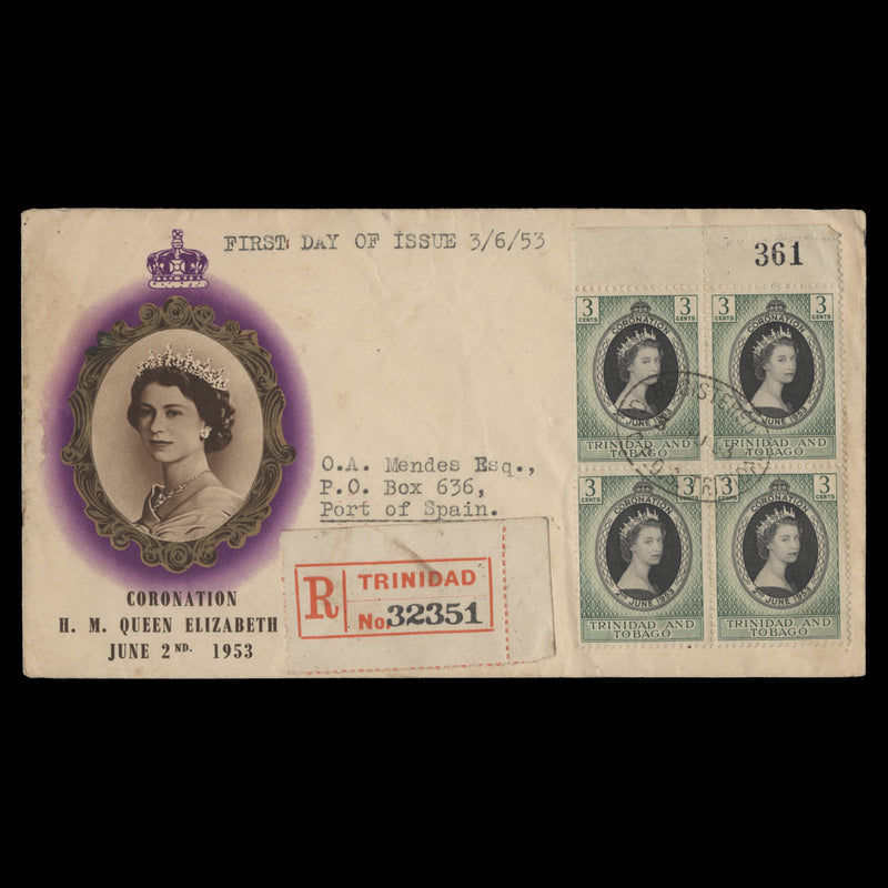 Trinidad & Tobago 1953 (FDC) 3c Coronation block, GPO POS