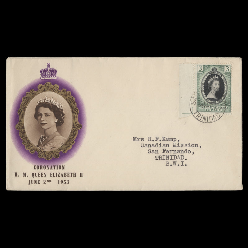 Trinidad & Tobago 1953 (FDC) 3c Coronation, SAN FERNANDO