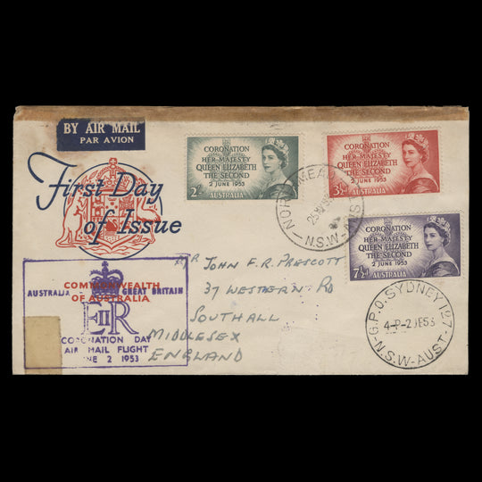 Australia 1953 Coronation double-dated first day/flight day cover
