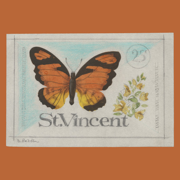 Saint Vincent 1978 Butterflies & Bougainvilleas watercolour sketch