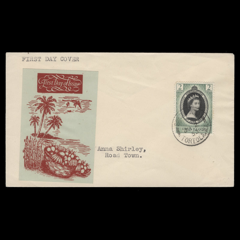British Virgin Islands 1953 (FDC) 2c Coronation, ROAD TOWN