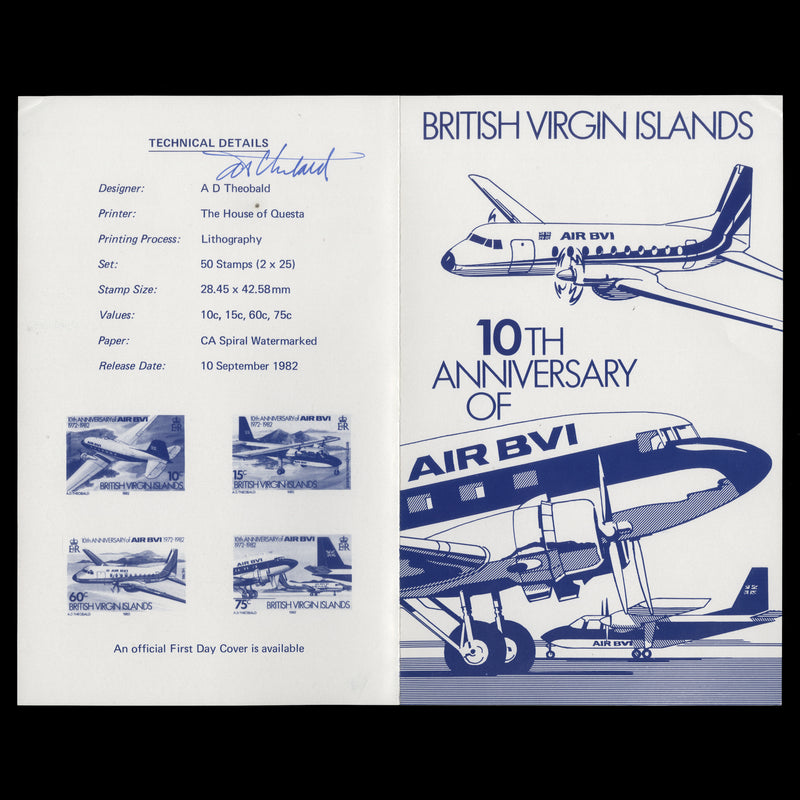 British Virgin Islands 1982 Air BVI Anniversary promotional flyer signed by designer
