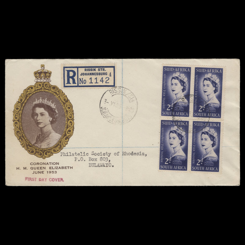 South Africa 1953 (FDC) 2d Coronation block, RISSIK/STR