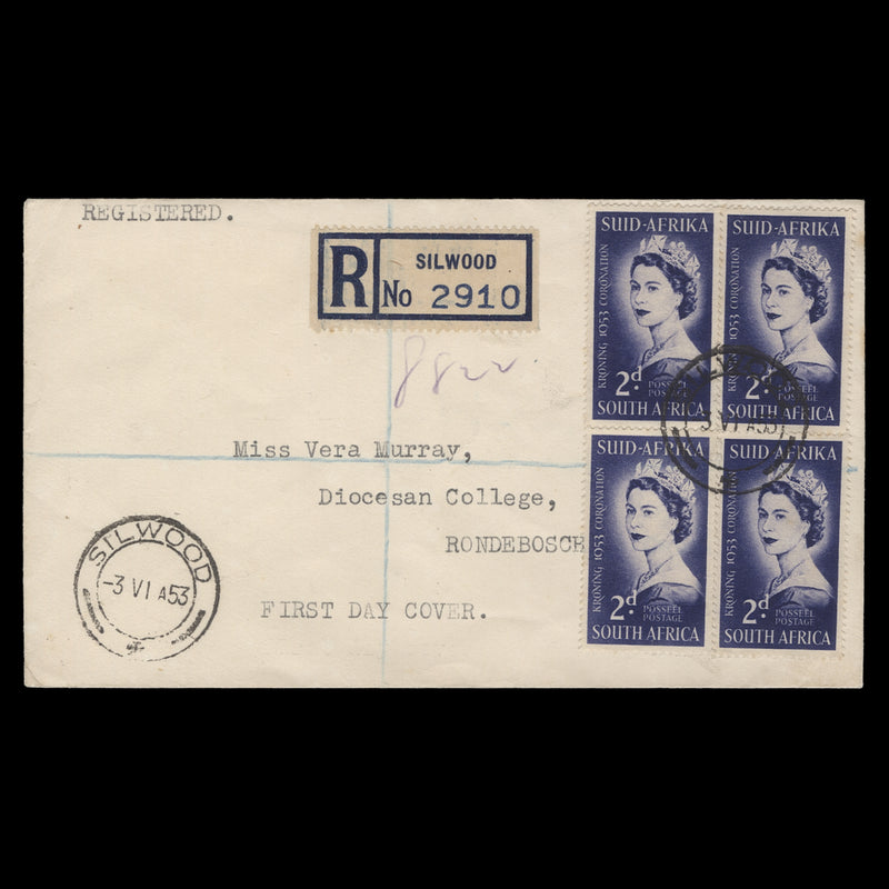 South Africa 1953 (FDC) 2d Coronation block, SILWOOD