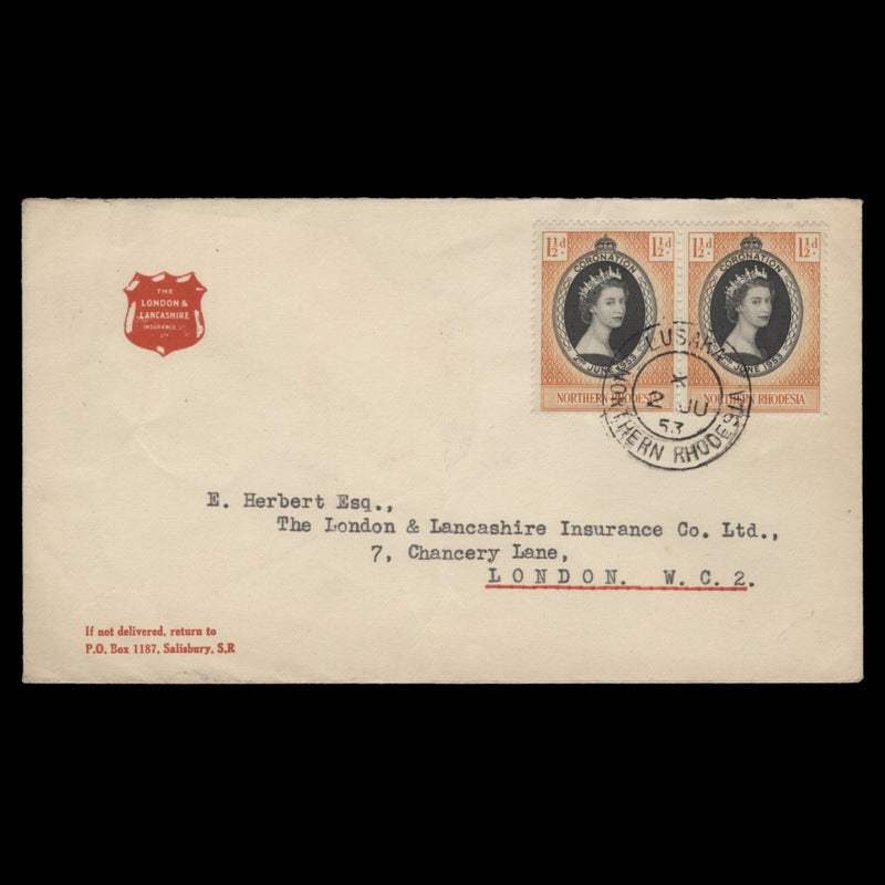 Northern Rhodesia 1953 (FDC) 1½d Coronation pair, LUSAKA