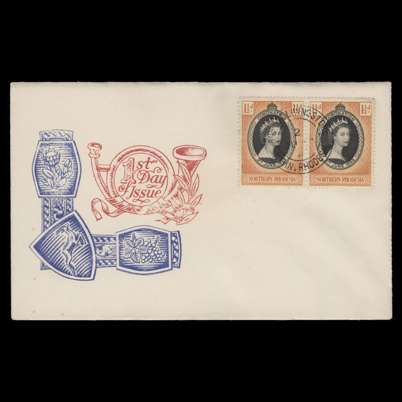 Northern Rhodesia 1953 (FDC) 1½d Coronation pair, LIVINGSTONE