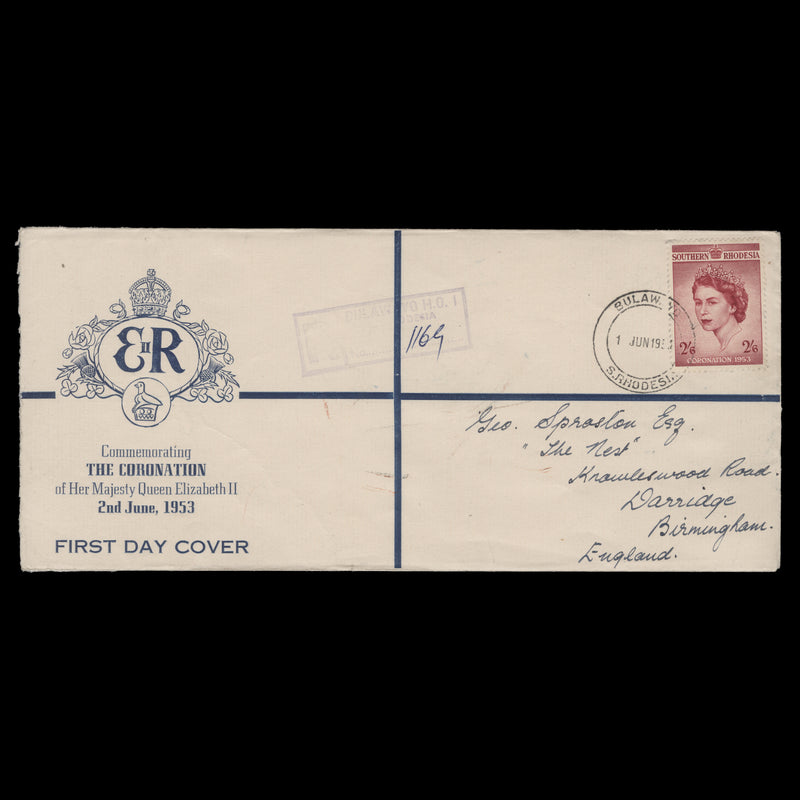 Southern Rhodesia 1953 (FDC) 2s6d Coronation, BULAWAYO