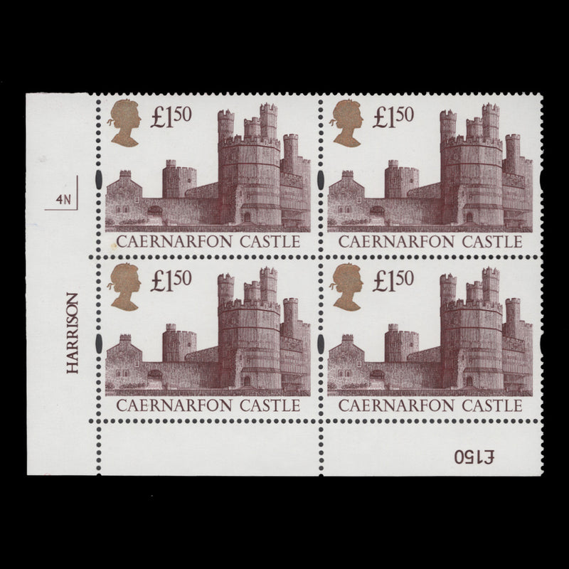 Great Britain 1996 (MNH) £1.50 Caernarfon Castle plate 4N block, PVA
