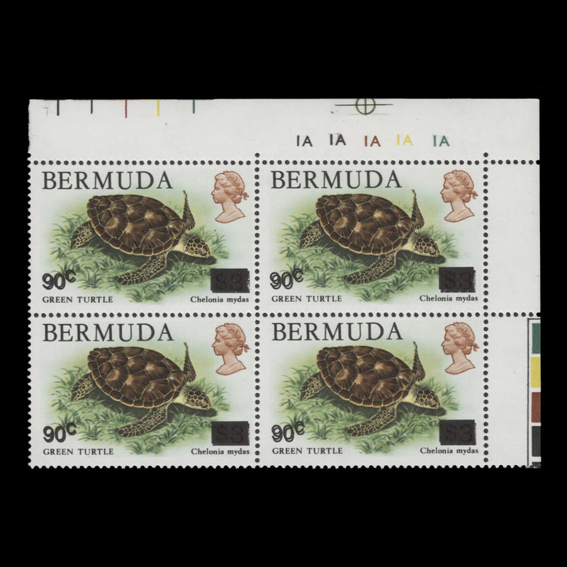Bermuda 1986 (Variety) 90c/$3 Green Turtle plate block with surcharge double