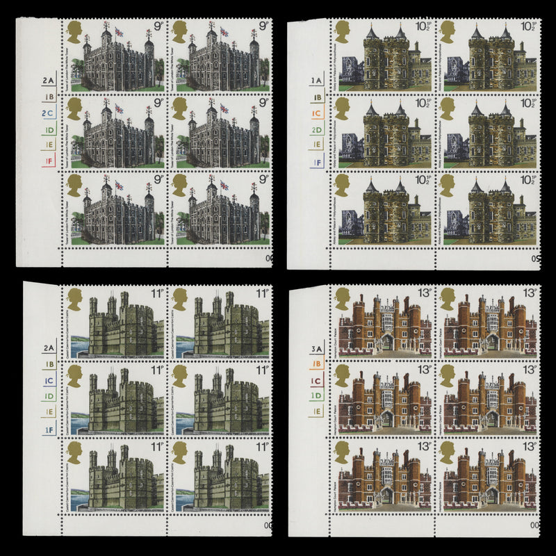 Great Britain 1978 (MLH) British Architecture cylinder no-dot blocks