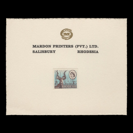 Rhodesia 1967 Kudu imperf proof single on presentation card