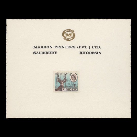 Rhodesia 1968 Kudu imperf proof single on presentation card