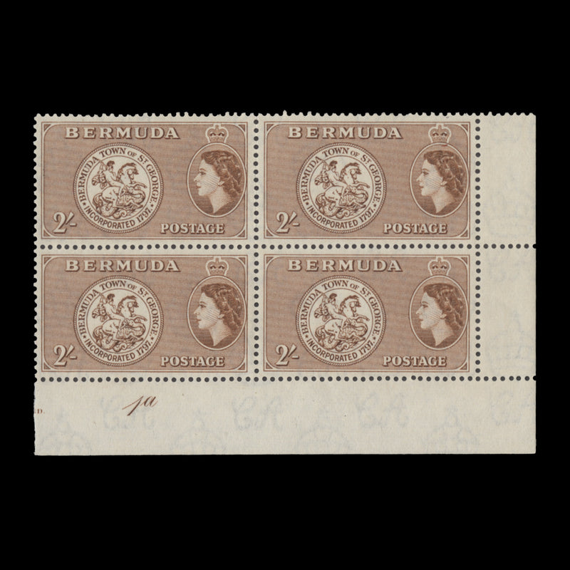 Bermuda 1953 (MLH) 2s Arms of St George plate 1a block