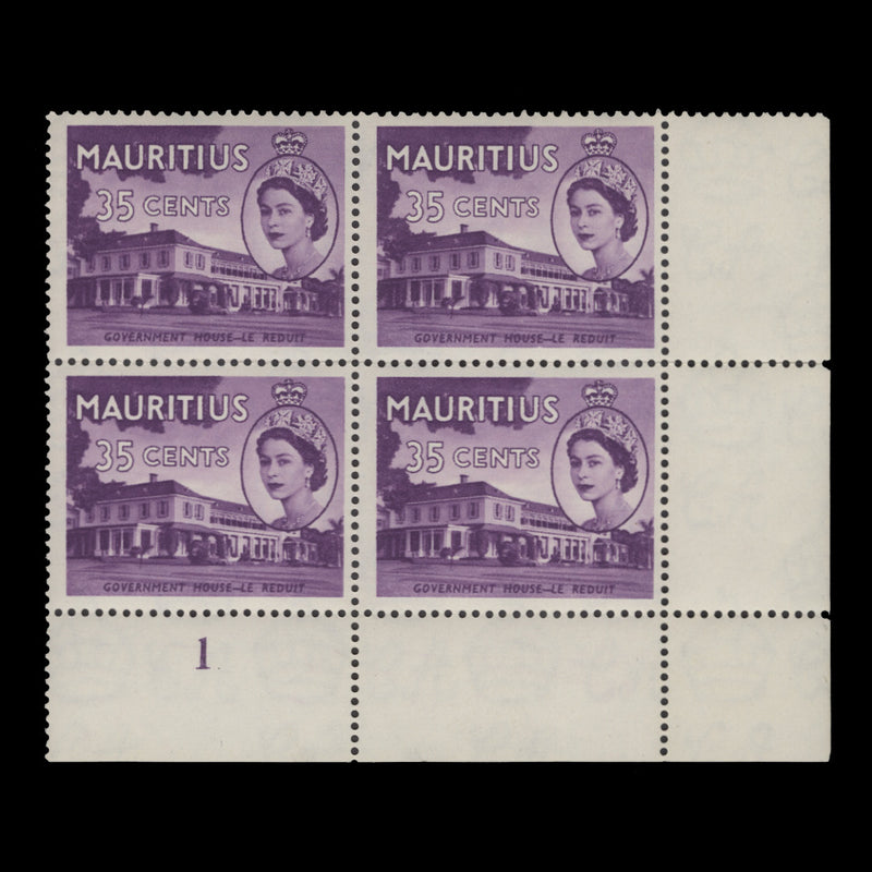 Mauritius 1954 (MNH) 35c Government House plate 1 block