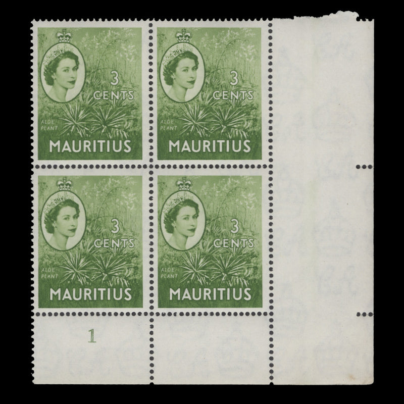Mauritius 1954 (MNH) 3c Aloe Plant plate 1 block