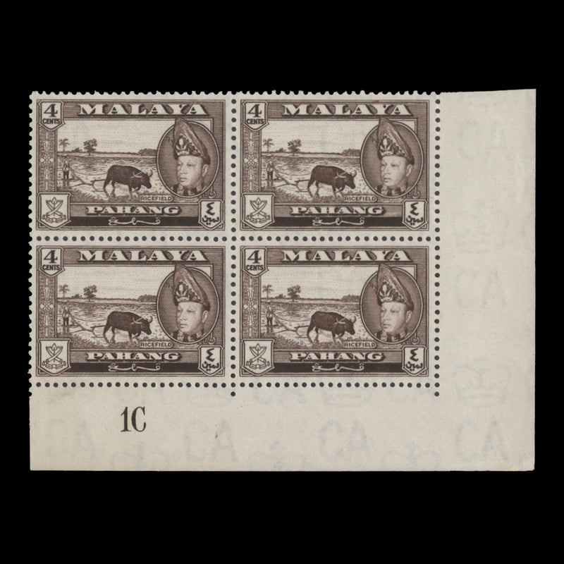 Pahang 1957 (MLH) 4c Ricefield plate 1C block