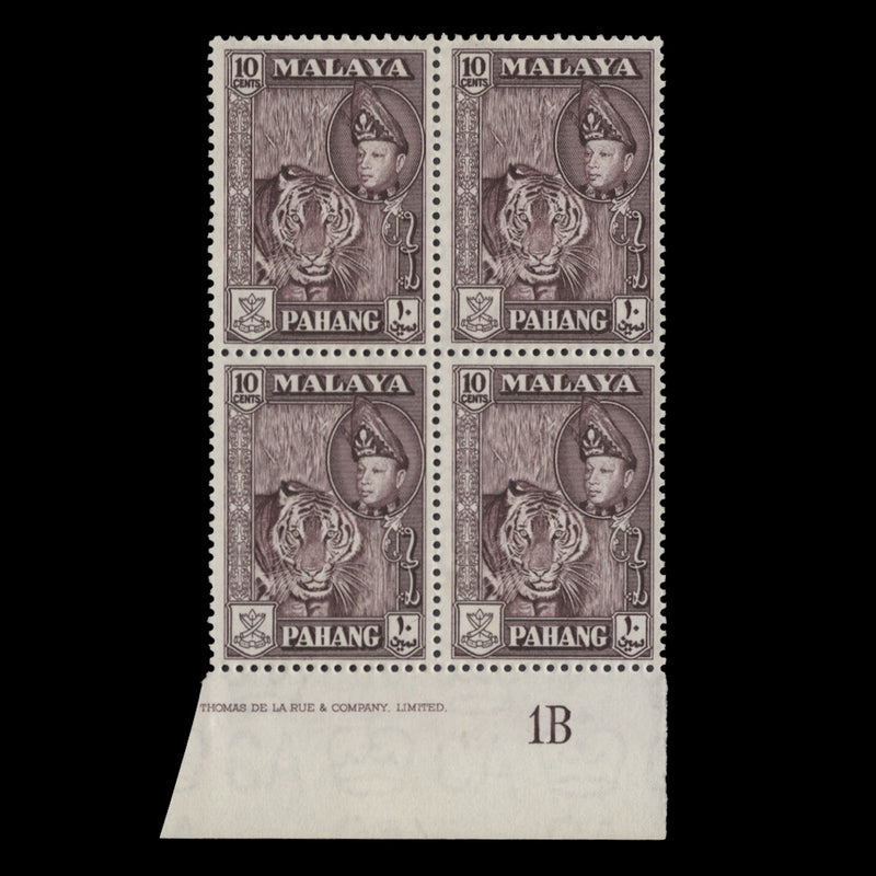 Pahang 1961 (MLH) 10c Tiger imprint/plate 1B block