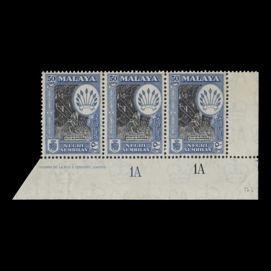 Negri Sembilan 1957 (MLH) 50c Aborigines with Blowpipes plate strip
