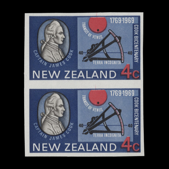 New Zealand 1969 (Variety) 4c Cook's Landing imperf pair