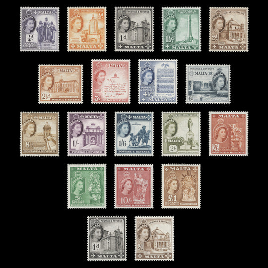 Malta 1956-64 (MNH) QEII Definitives, including St Edward's crown reissues