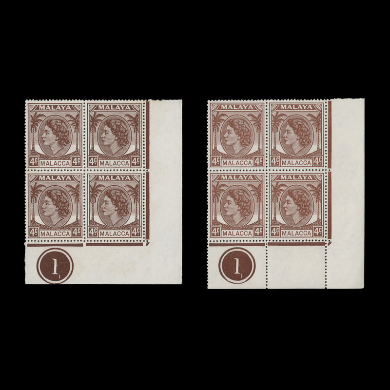 Malacca 1957 (MNH) 4c Pale Brown plate 1 block