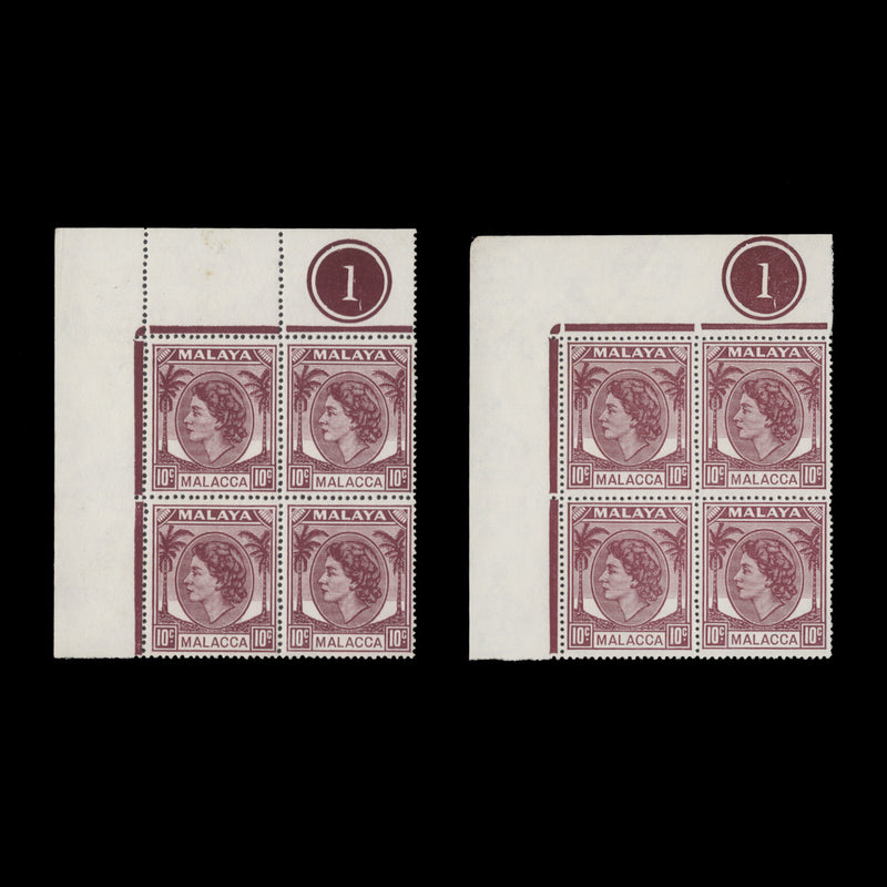 Malacca 1957 (MNH) 10c Reddish Purple plate 1 block