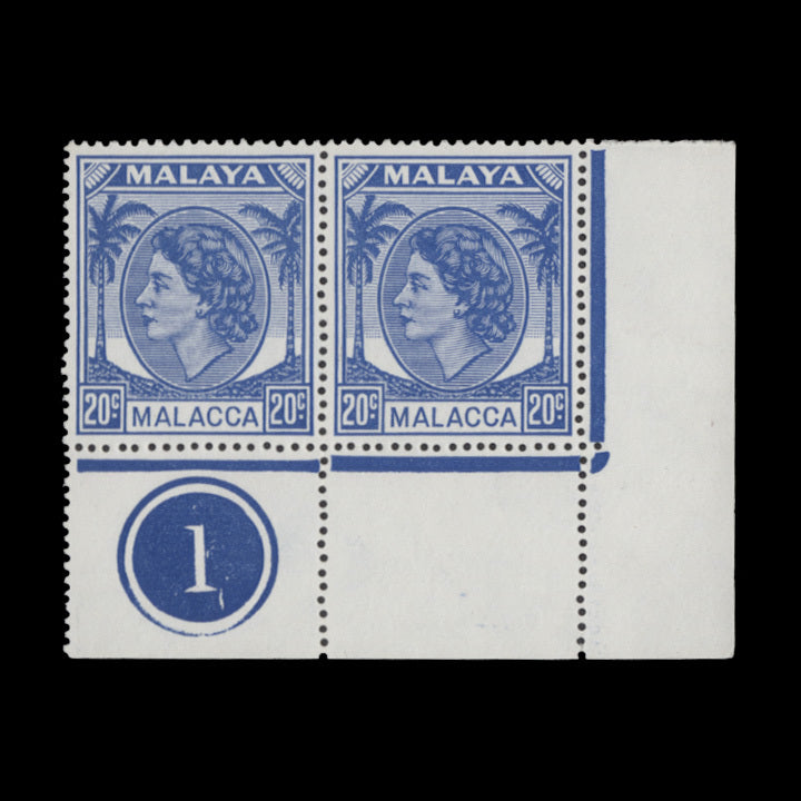 Malacca 1955 (MNH) 20c Bright Blue plate 1 pair