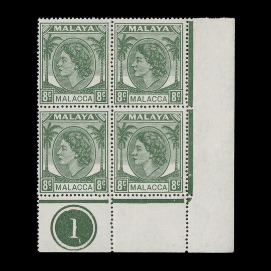 Malacca 1955 (MLH) 8c Green plate 1 block