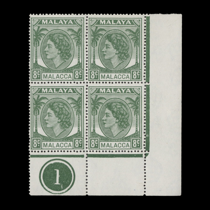 Malacca 1955 (MLH) 8c Green plate 1 block