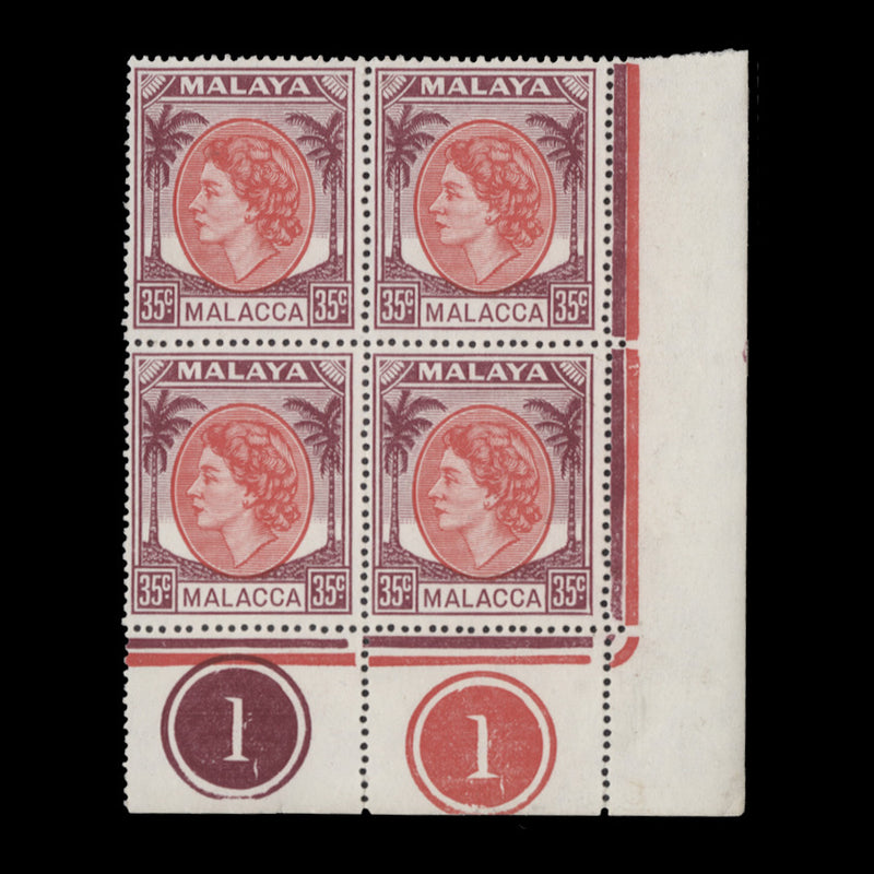 Malacca 1954 (MNH) 35c Rose-Red & Brown-Purple plate 1–1 block