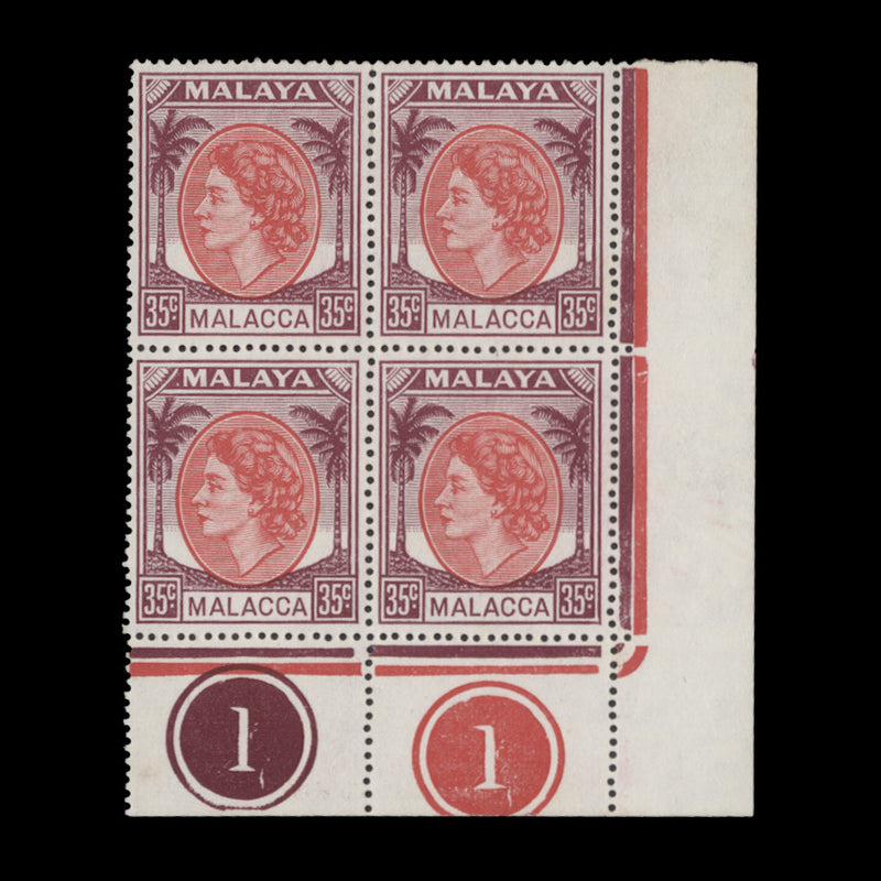 Malacca 1954 (MLH) 35c Rose-Red & Brown-Purple plate 1–1 block