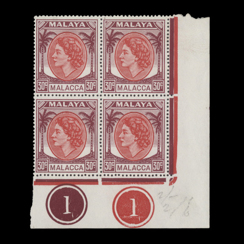 Malacca 1955 (MLH) 30c Rose-Red & Brown-Purple plate 1–1 block