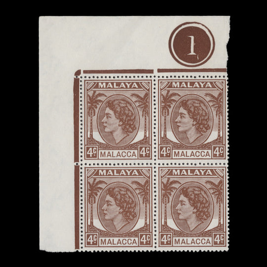 Malacca 1957 (MNH) 4c Pale Brown plate 1 block