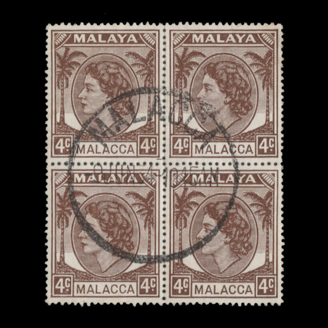 Malacca 1954 (Used) 4c Brown block, first day cancel