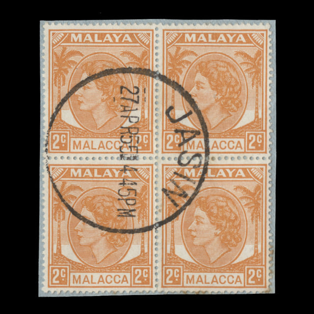 Malacca 1955 (Used) 2c Yellow-Orange block, first day cancel