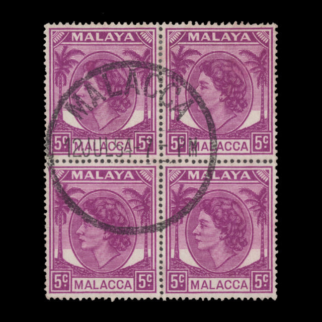 Malacca 1954 (Used) 5c Bright Purple block, first day cancel