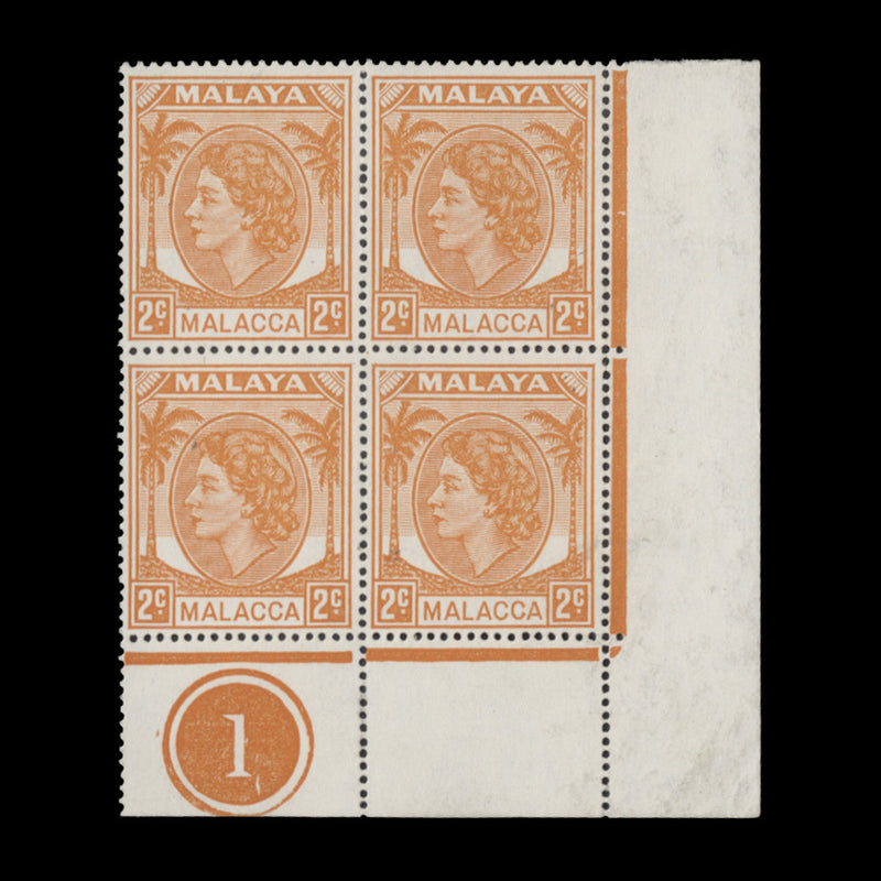 Malacca 1955 (MLH) 2c Yellow-Orange plate 1 block