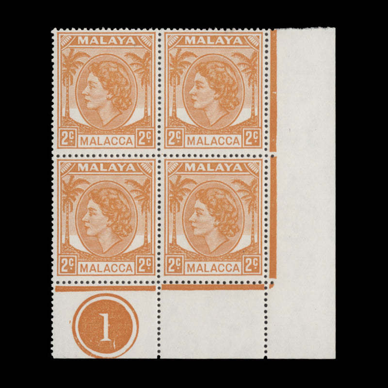 Malacca 1955 (MNH) 2c Yellow-Orange plate 1 block