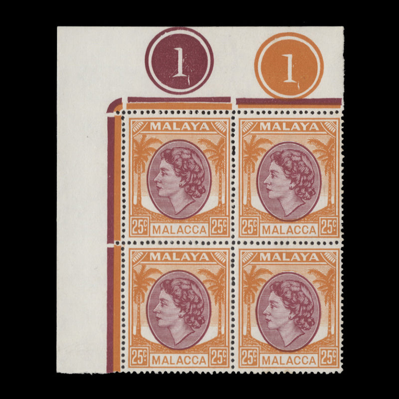 Malacca 1955 (MLH) 25c Brown-Purple & Yellow-Orange plate 1–1 block