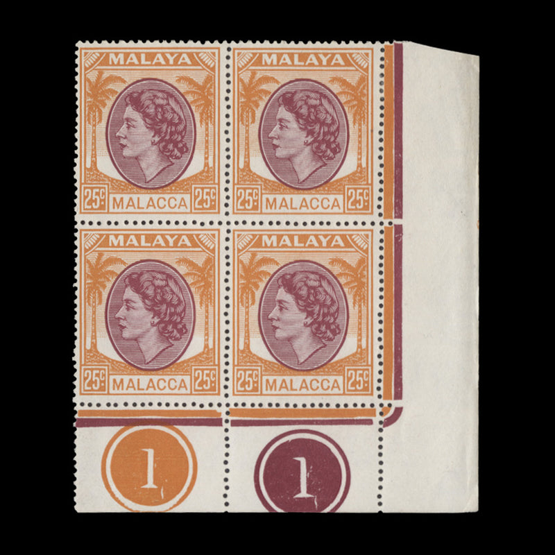 Malacca 1955 (MLH) 25c Brown-Purple & Yellow-Orange plate 1–1 block